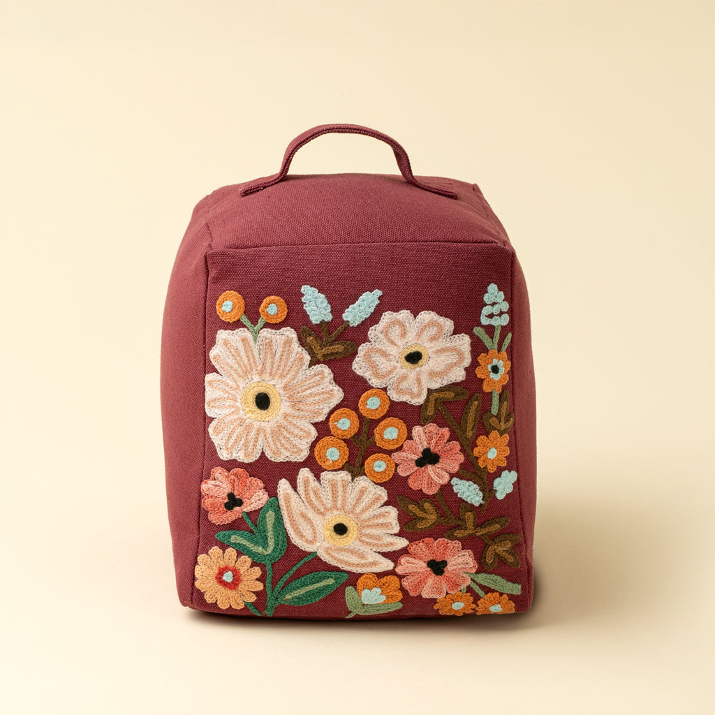 Embroidered Floral Doorstop, Burgundy