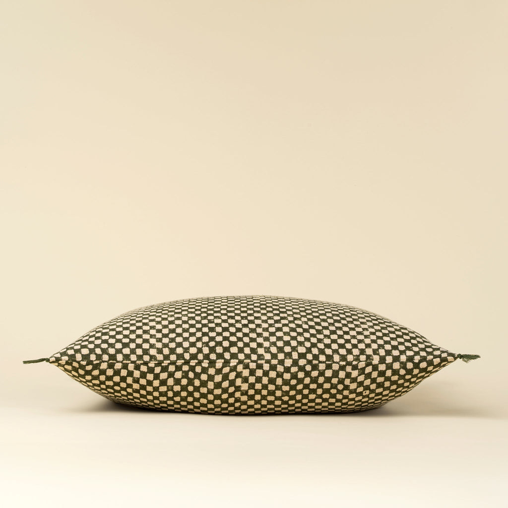 16x24 Block Print Check Linen Pillow, Green