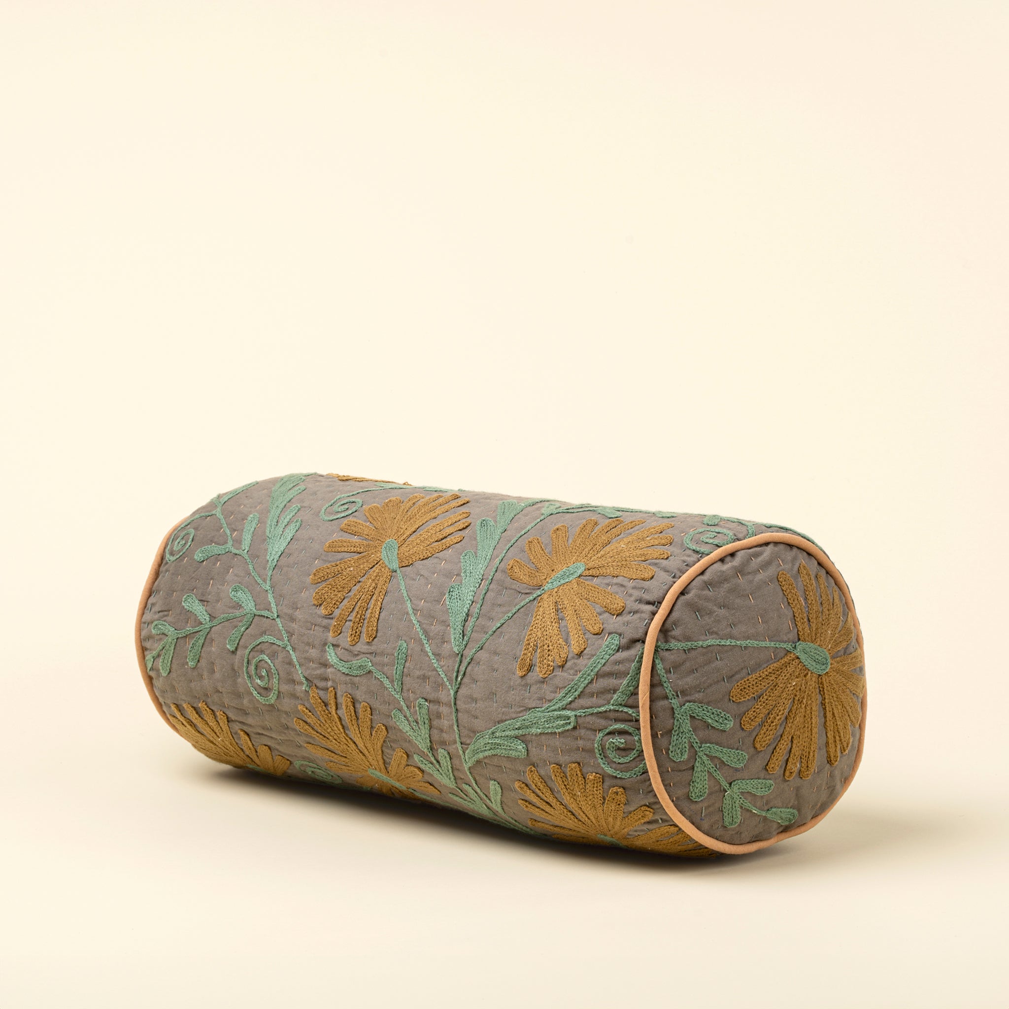 Suzani Embroidered Kantha Bolster, Grey