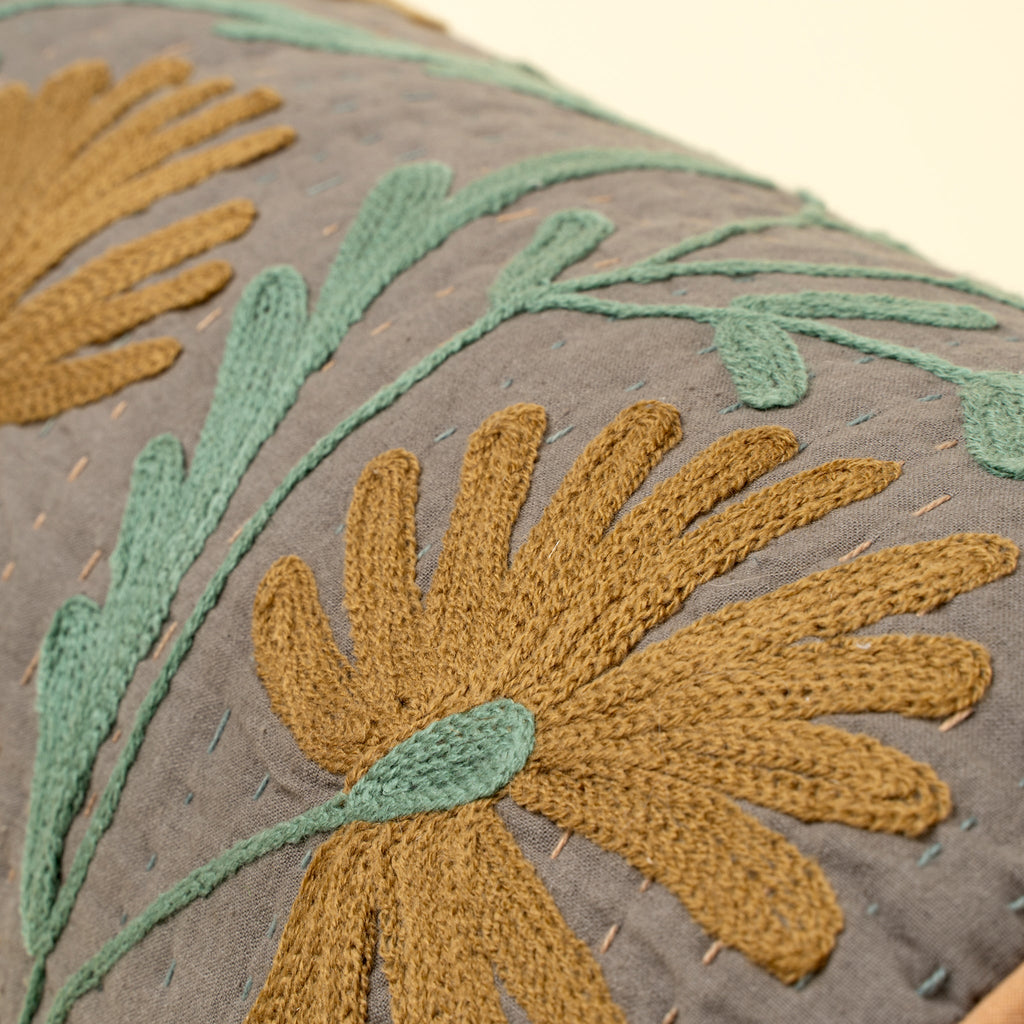 Suzani Embroidered Kantha Bolster, Grey