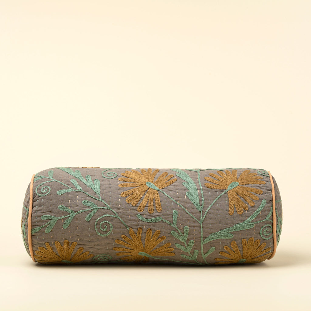 Suzani Embroidered Kantha Bolster, Grey