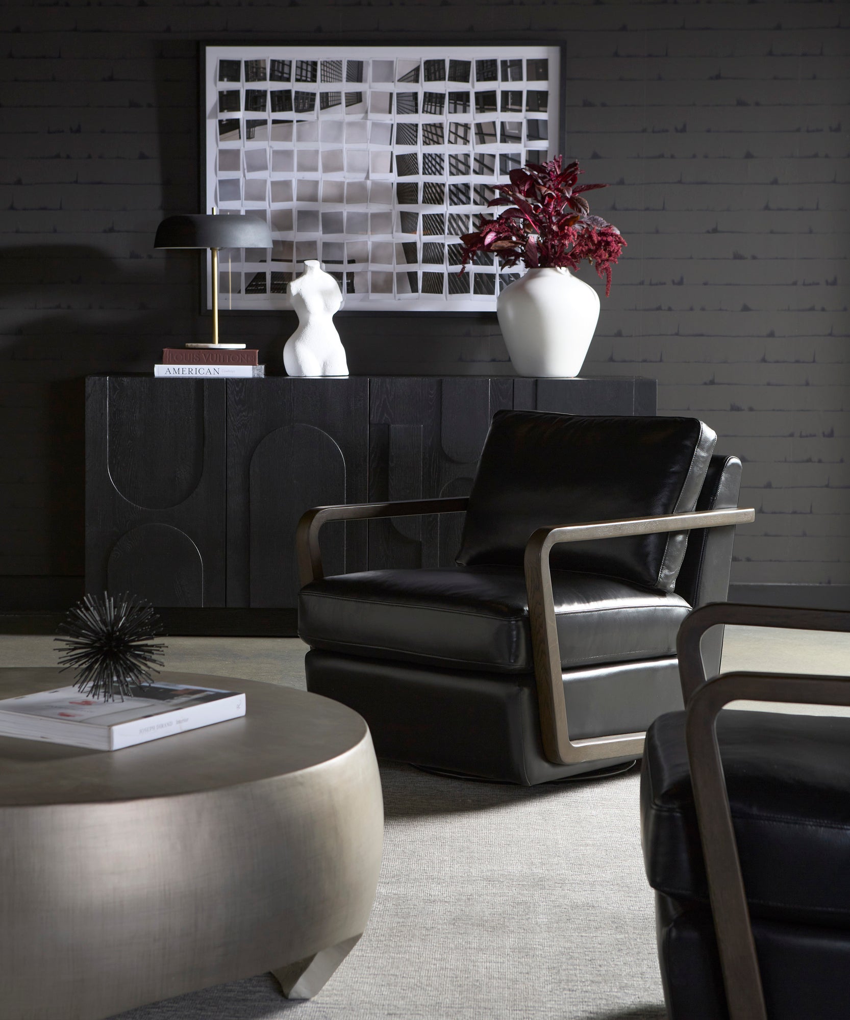 Castell Swivel Lounge Chair - Brown - Cortina Black Leather
