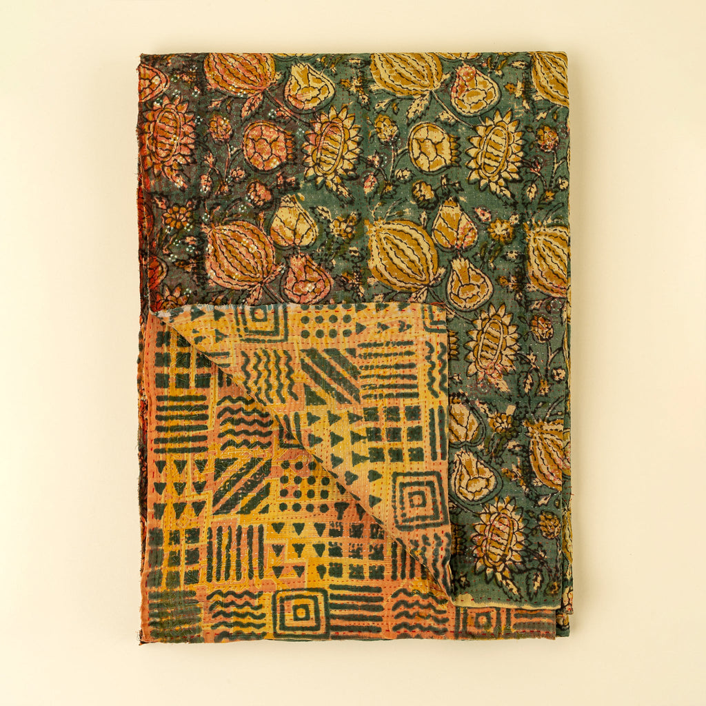 Block Printed Vintage Kantha Blanket, Pomegranate