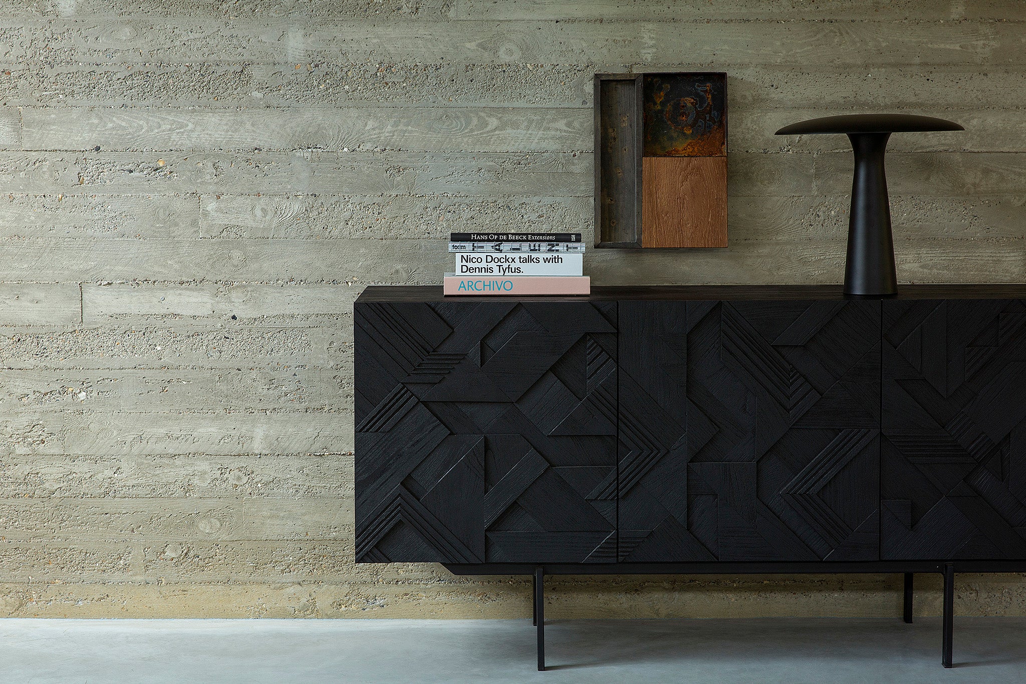 Graphic Sideboard | Varnished Teak | Black | 3 Doors