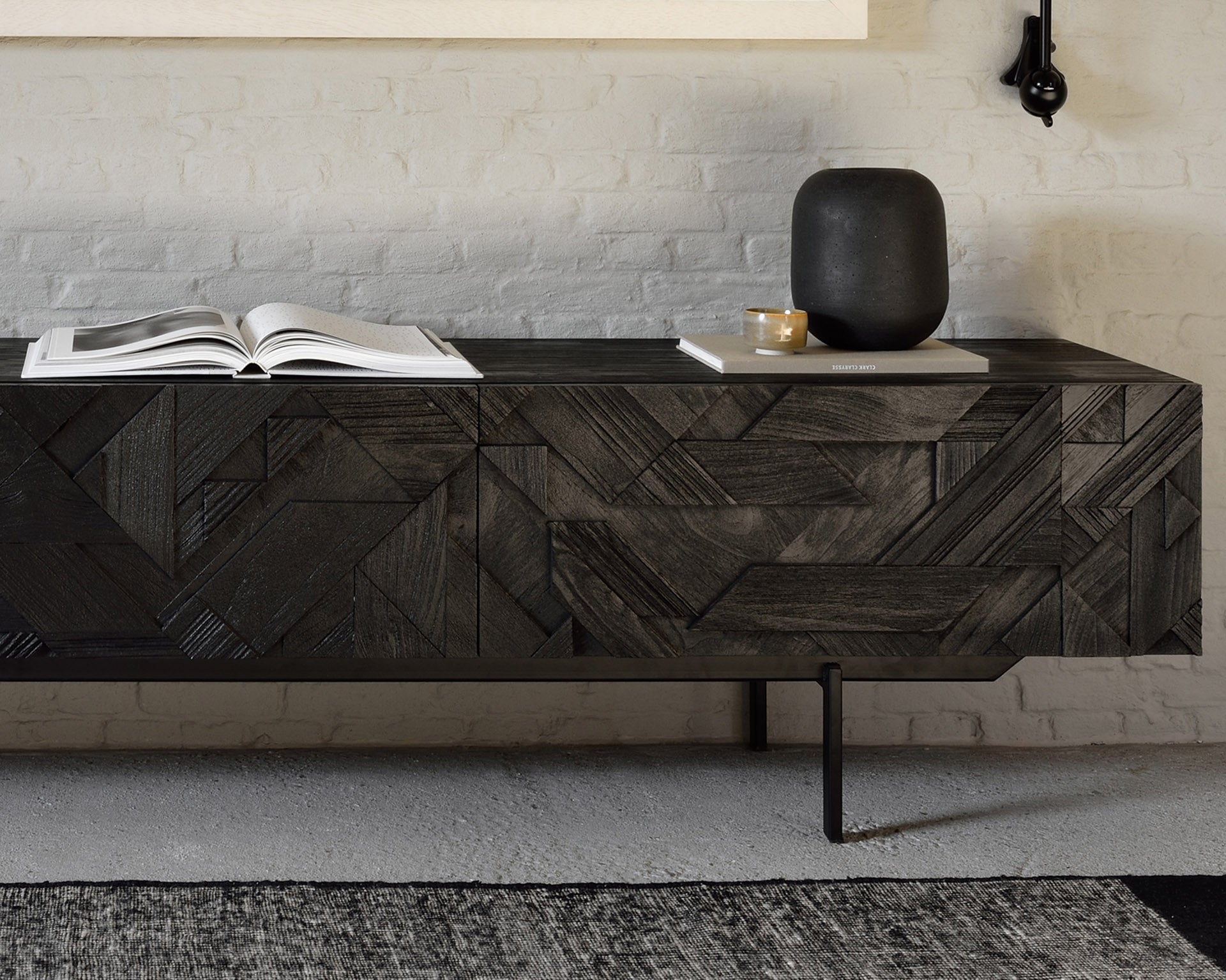 Graphic Tv Cupboard | Varnished Teak | Black | 1 Flip|Down Door | 2 Drawers