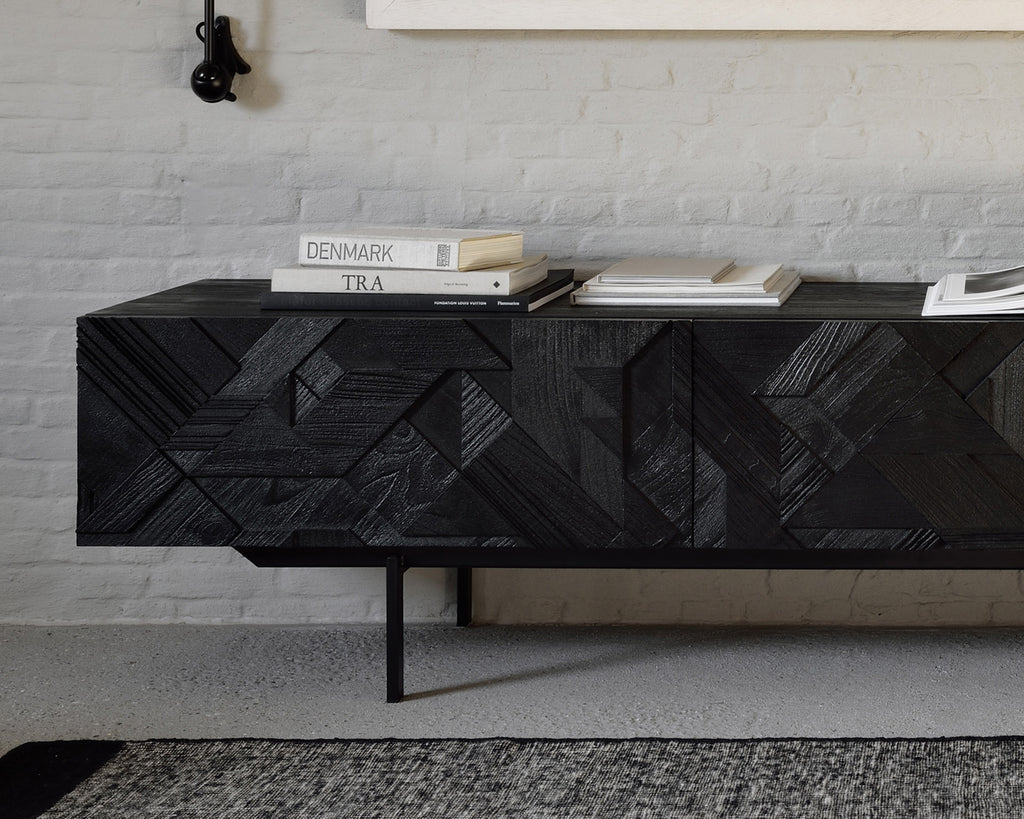 Graphic Tv Cupboard | Varnished Teak | Black | 1 Flip|Down Door | 2 Drawers
