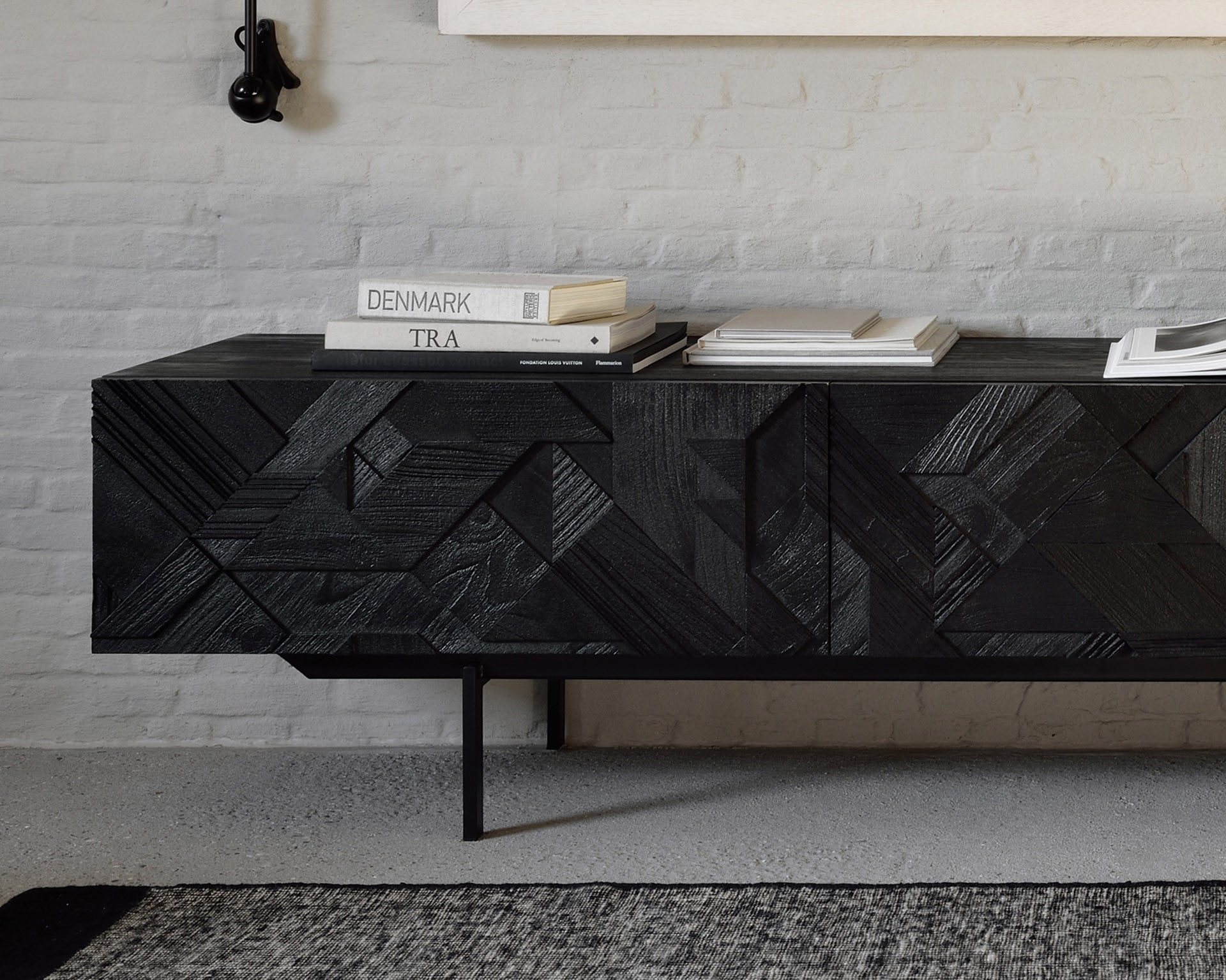 Graphic Tv Cupboard | Varnished Teak | Black | 1 Flip|Down Door | 2 Drawers