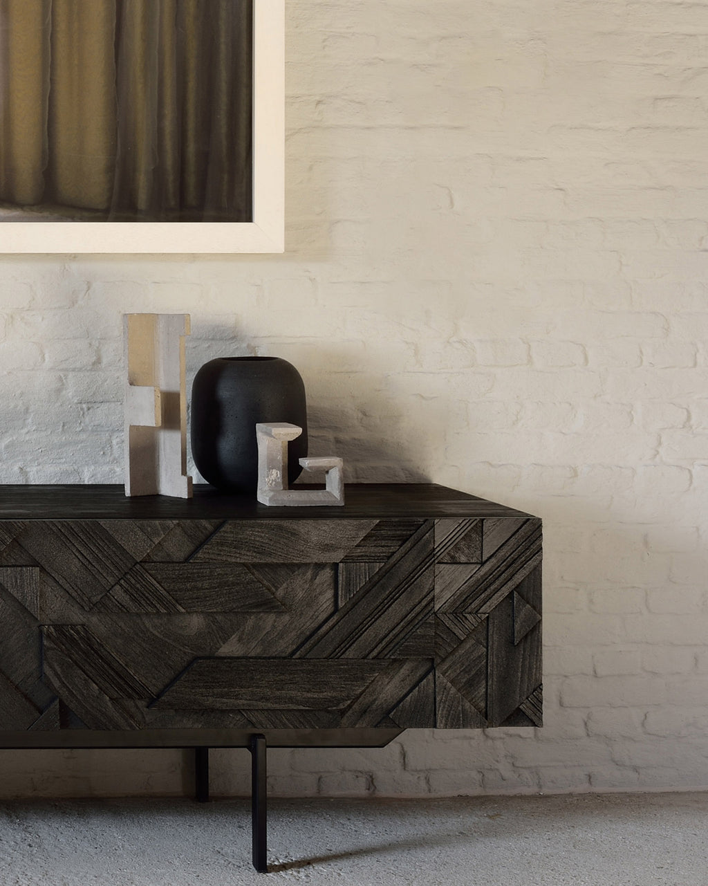Graphic Tv Cupboard | Varnished Teak | Black | 1 Flip|Down Door | 2 Drawers