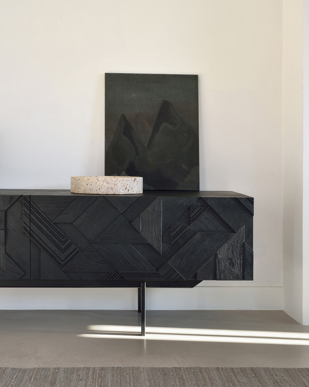 Graphic Tv Cupboard | Varnished Teak | Black | 1 Flip|Down Door | 1 Drawers