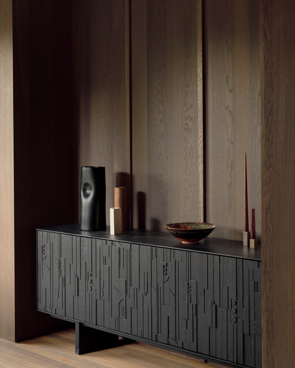 Mosaic Sideboard | Varnished Teak | Off Black | 4 Doors