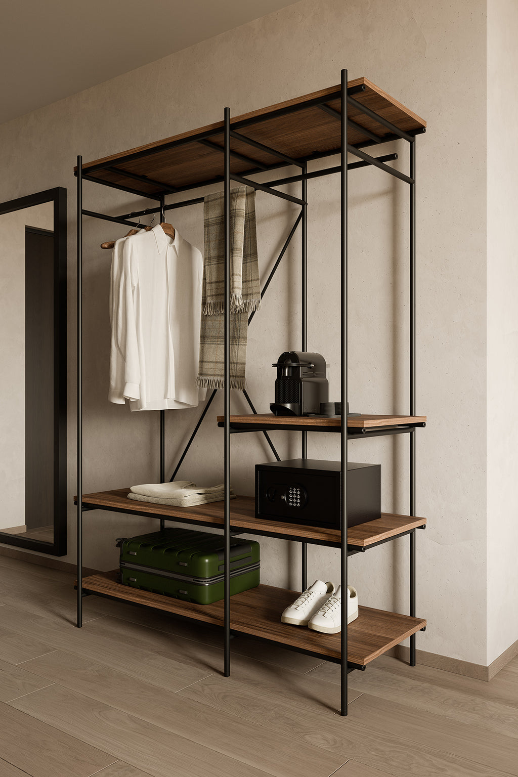 Oscar Hanging Rack | Varnished Teak | Brown | With Garment Rail