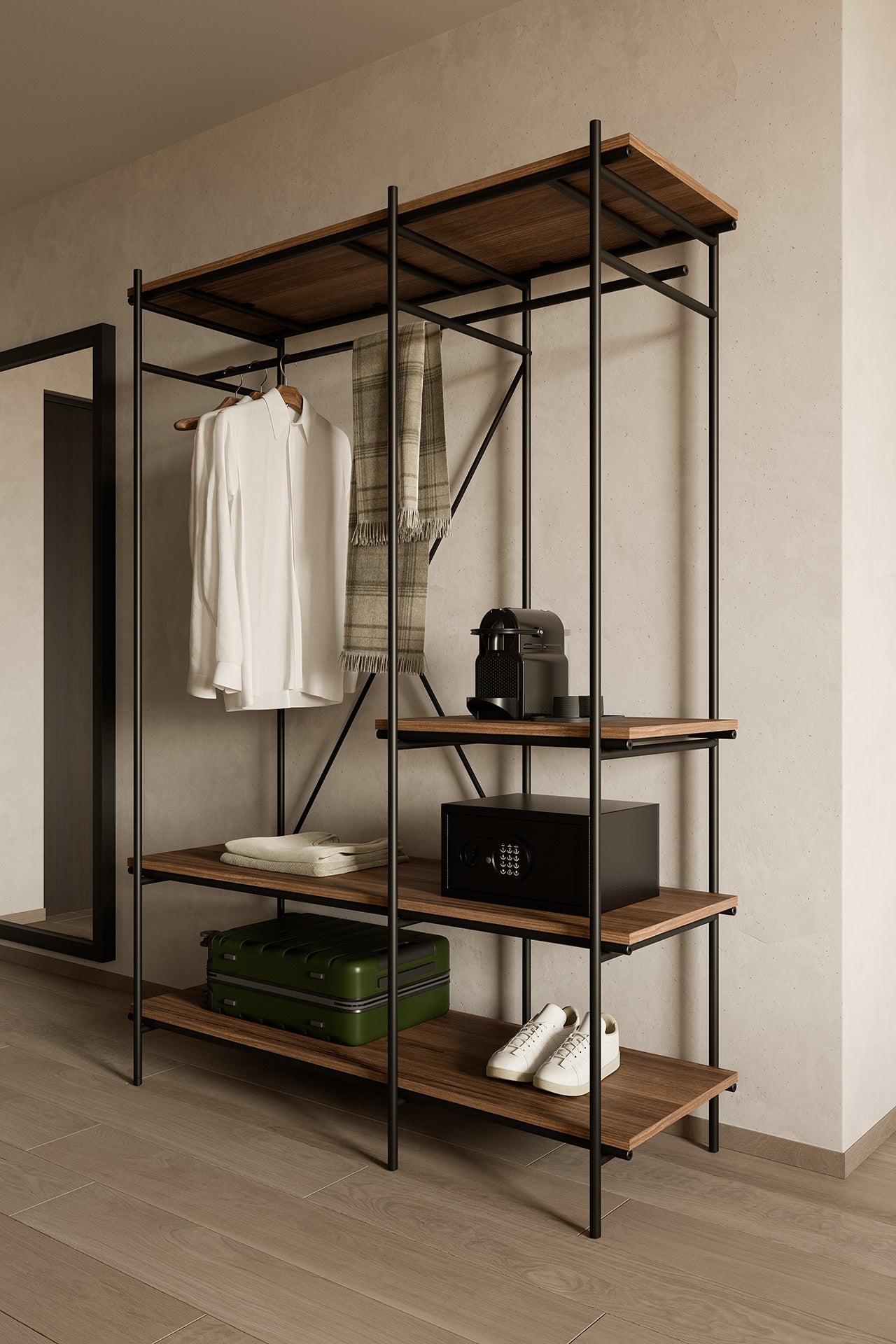 Oscar Hanging Rack | Varnished Teak | Brown | With Garment Rail