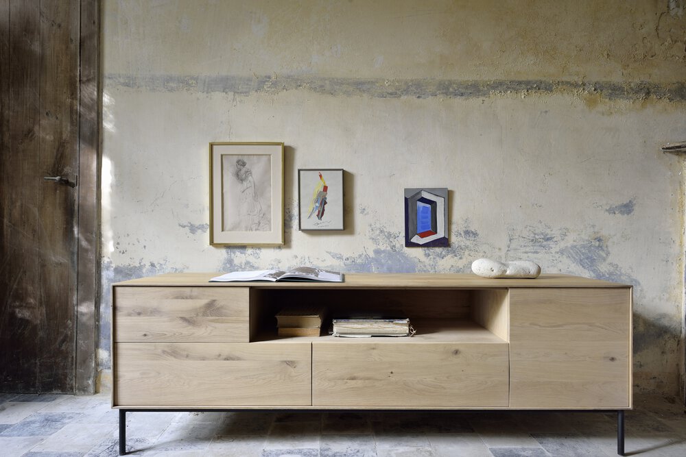 Whitebird Tv Cupboard | Varnished Oak | 1 Door | 1 Flip|Down Door | 2 Drawers