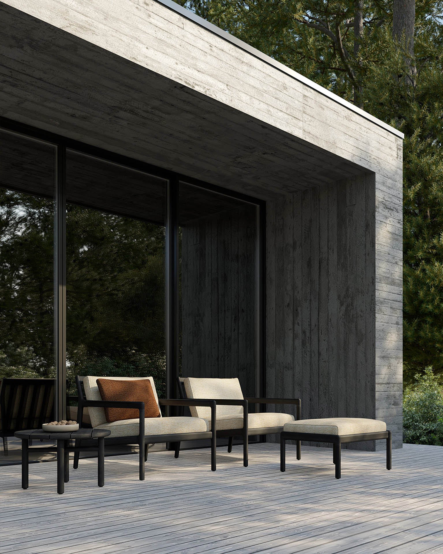 Jack Outdoor Footstool | Varnished Teak | Black | Natural Fabric