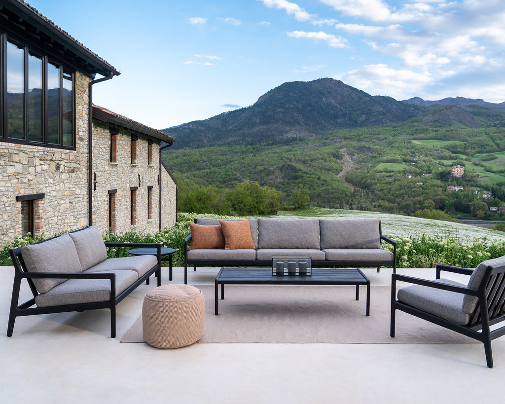 Jack Outdoor Sofa | Varnished Teak | Black | Mocha Fabric | 3+ Seater