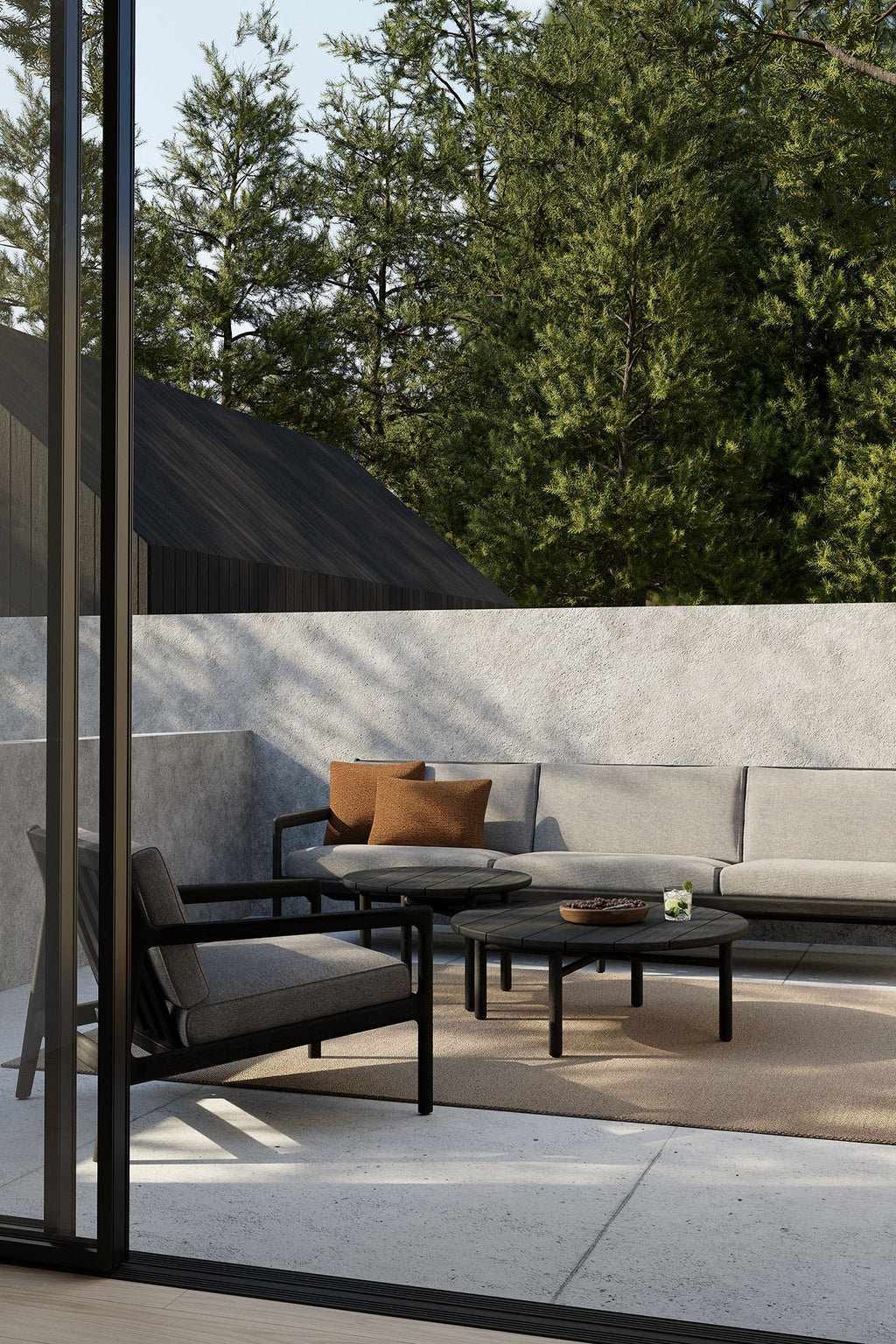 Jack Outdoor Sofa | Varnished Teak | Black | Mocha Fabric | 3+ Seater
