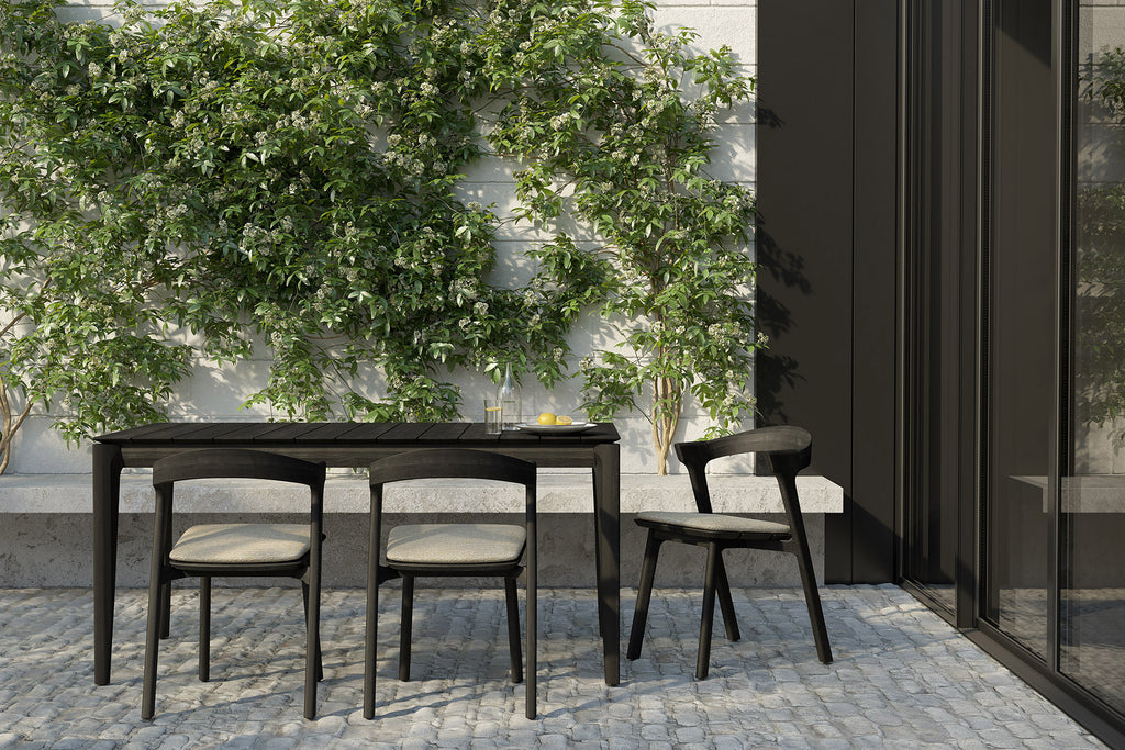 Bok Outdoor Dining Chair | Varnished Teak | Black | Natural Fabric