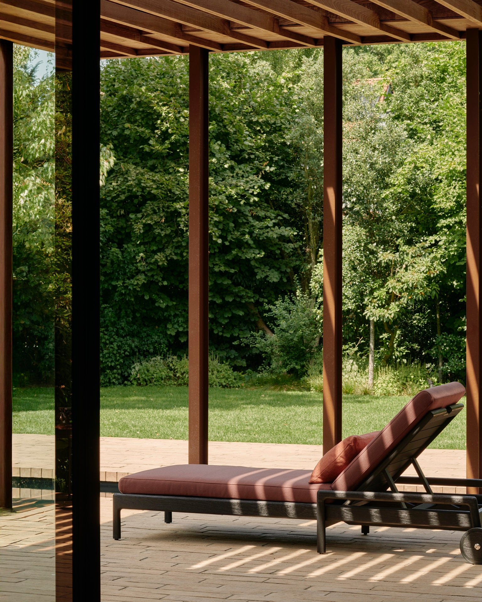 Jack Outdoor Adjustable Lounger | Varnished Teak | Black | Burgundy Fabric