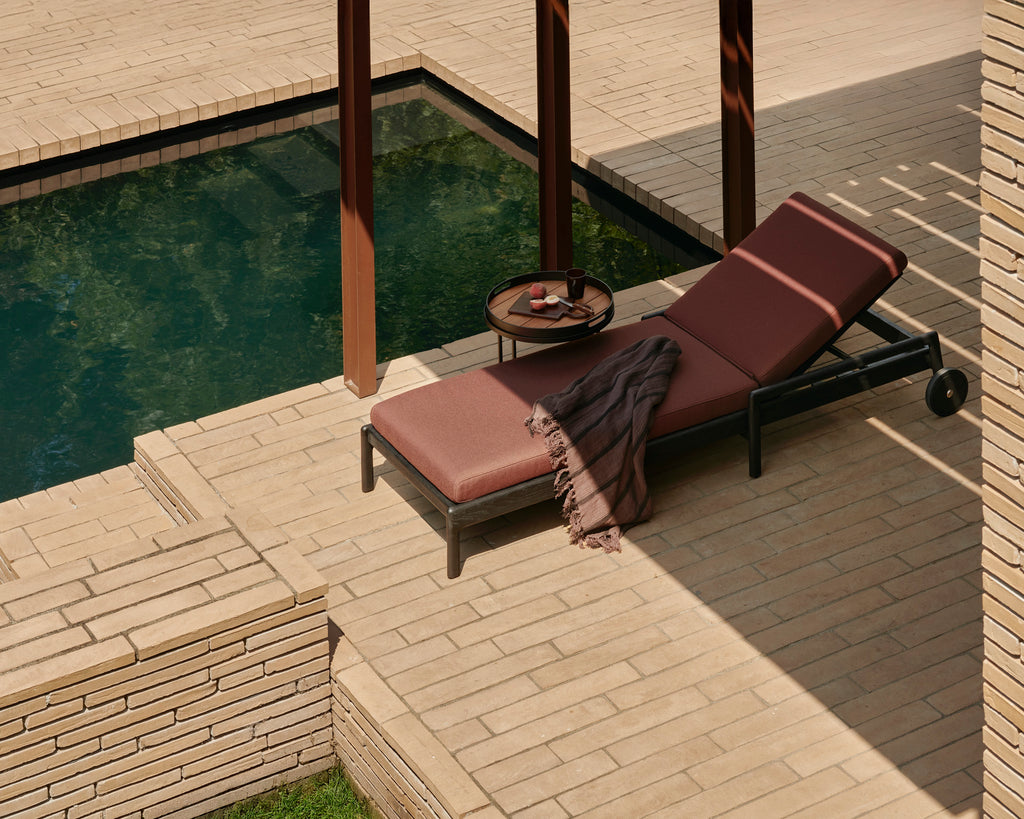 Jack Outdoor Adjustable Lounger | Varnished Teak | Black | Burgundy Fabric