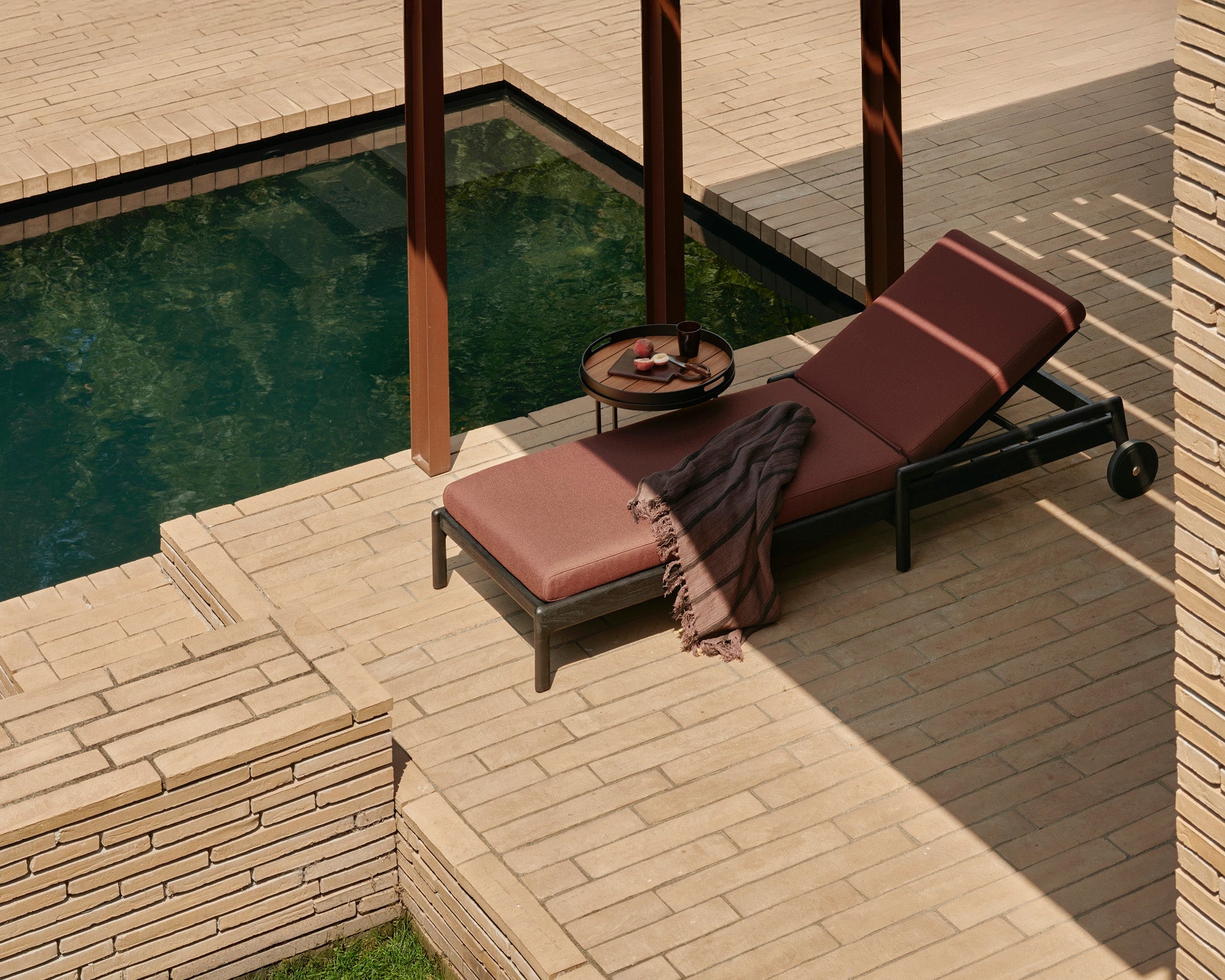 Jack Outdoor Adjustable Lounger | Varnished Teak | Black | Burgundy Fabric