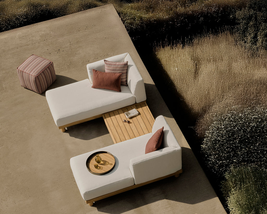 Monocle Outdoor Modular Sofa | Teak | White Fabric | Day Bed With L Arm