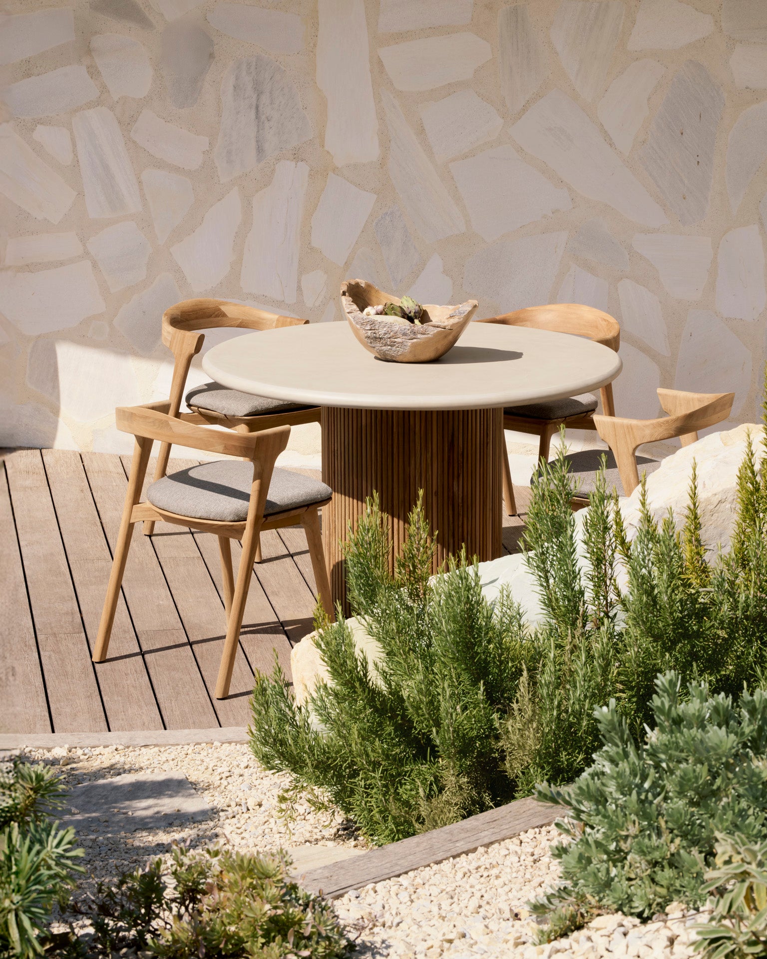 Roller Max Outdoor Dining Table | Varnished Concrete Top | Reclaimed Teak Base | Light Grey | Round | 49" X 49"