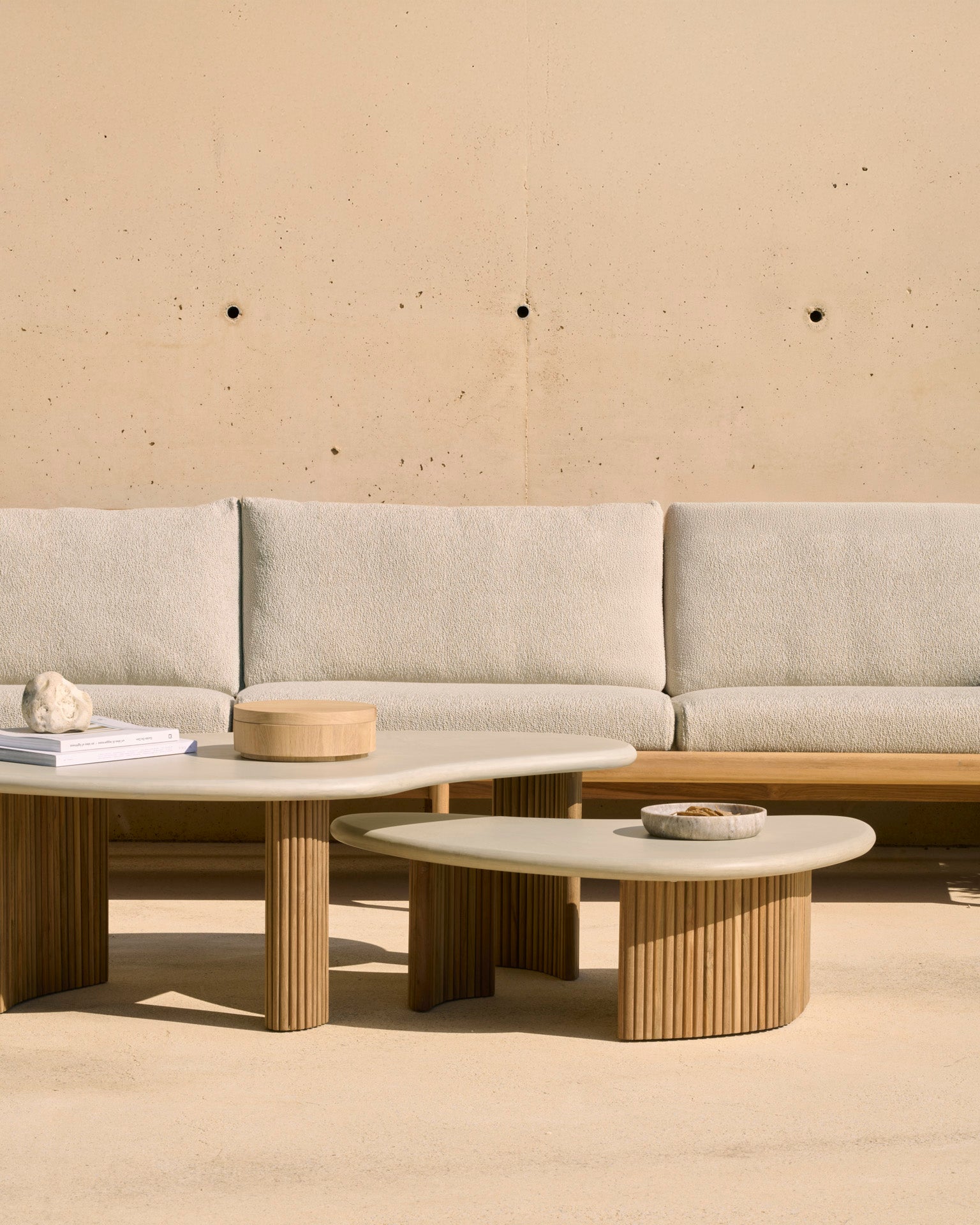 Boomerang Outdoor Coffee Table | Varnished Concrete Top | Reclaimed Teak Base | Light Grey | Pebble Shape | 35" X 24"