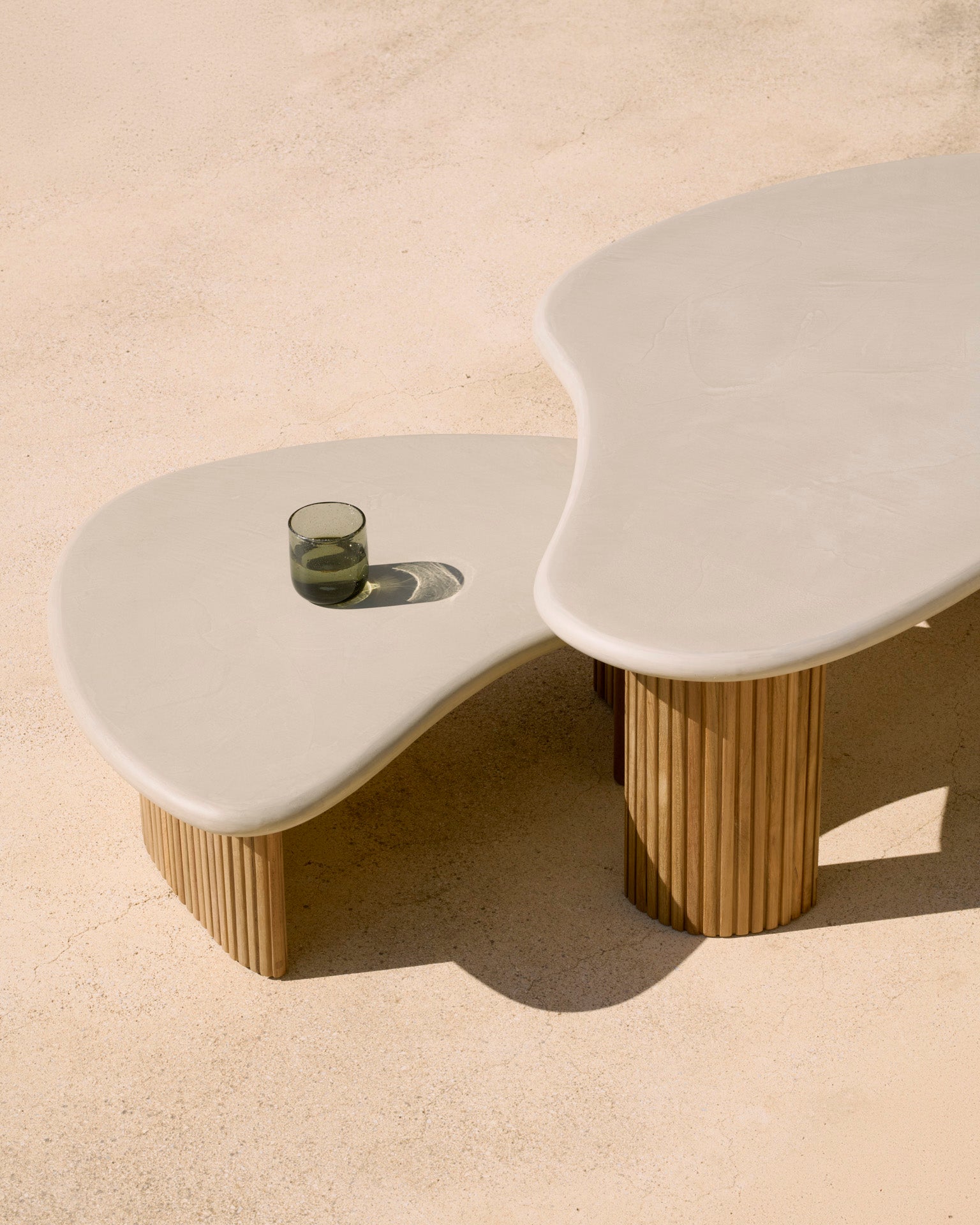 Boomerang Outdoor Coffee Table | Varnished Concrete Top | Reclaimed Teak Base | Light Grey | Pebble Shape | 35" X 24"