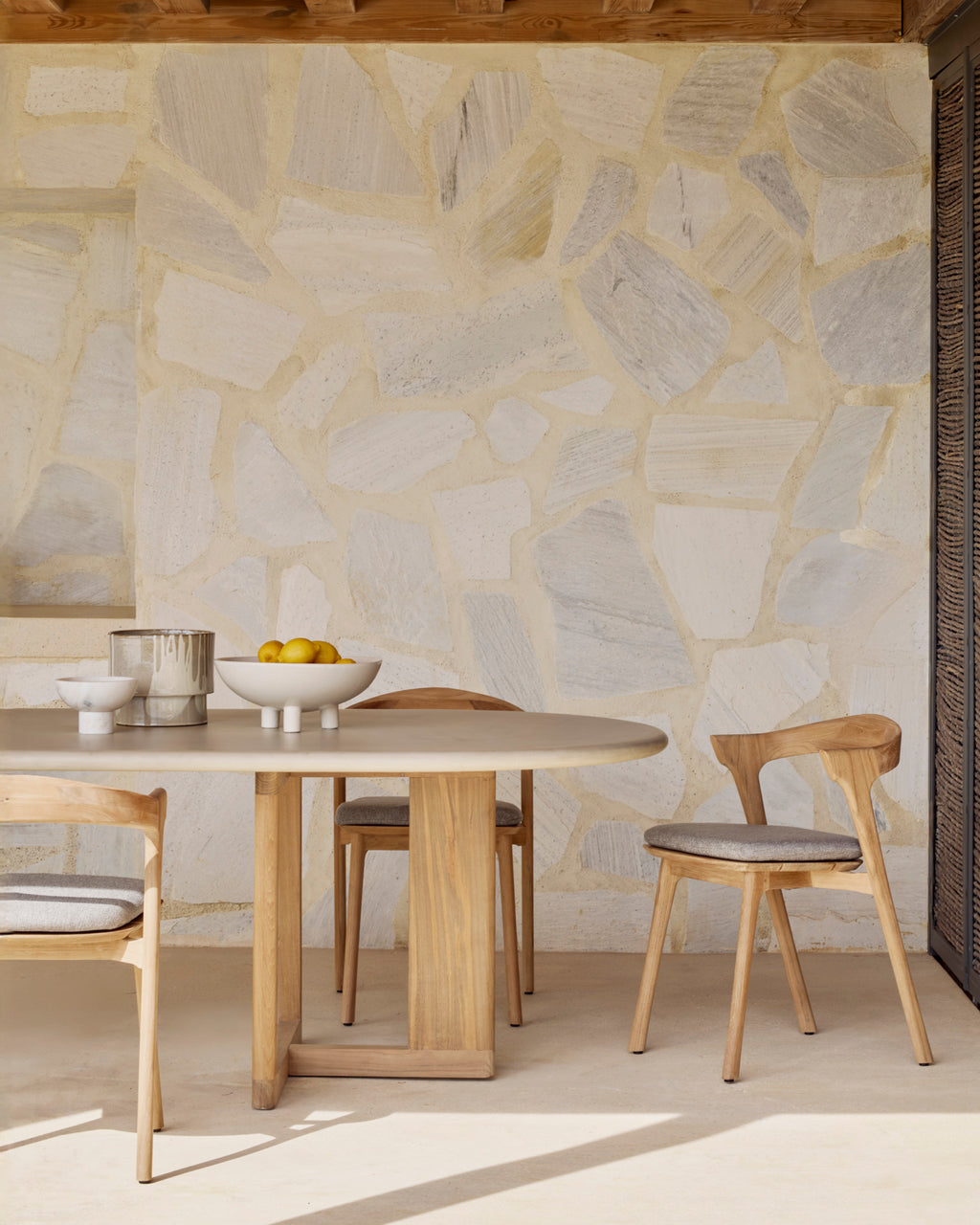 Trestle Outdoor Dining Table | Varnished Concrete Top | Reclaimed Teak Base | Light Grey | Oblong