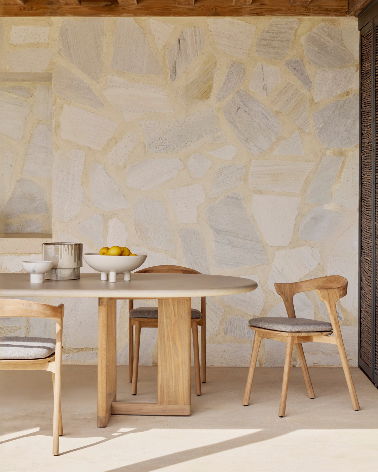 Trestle Outdoor Dining Table | Varnished Concrete Top | Reclaimed Teak Base | Light Grey | Oblong
