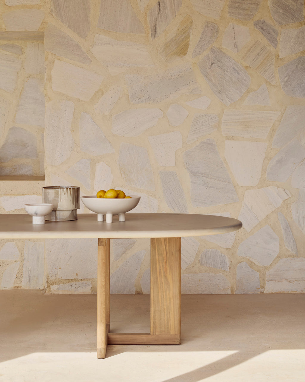 Trestle Outdoor Dining Table | Varnished Concrete Top | Reclaimed Teak Base | Light Grey | Oblong