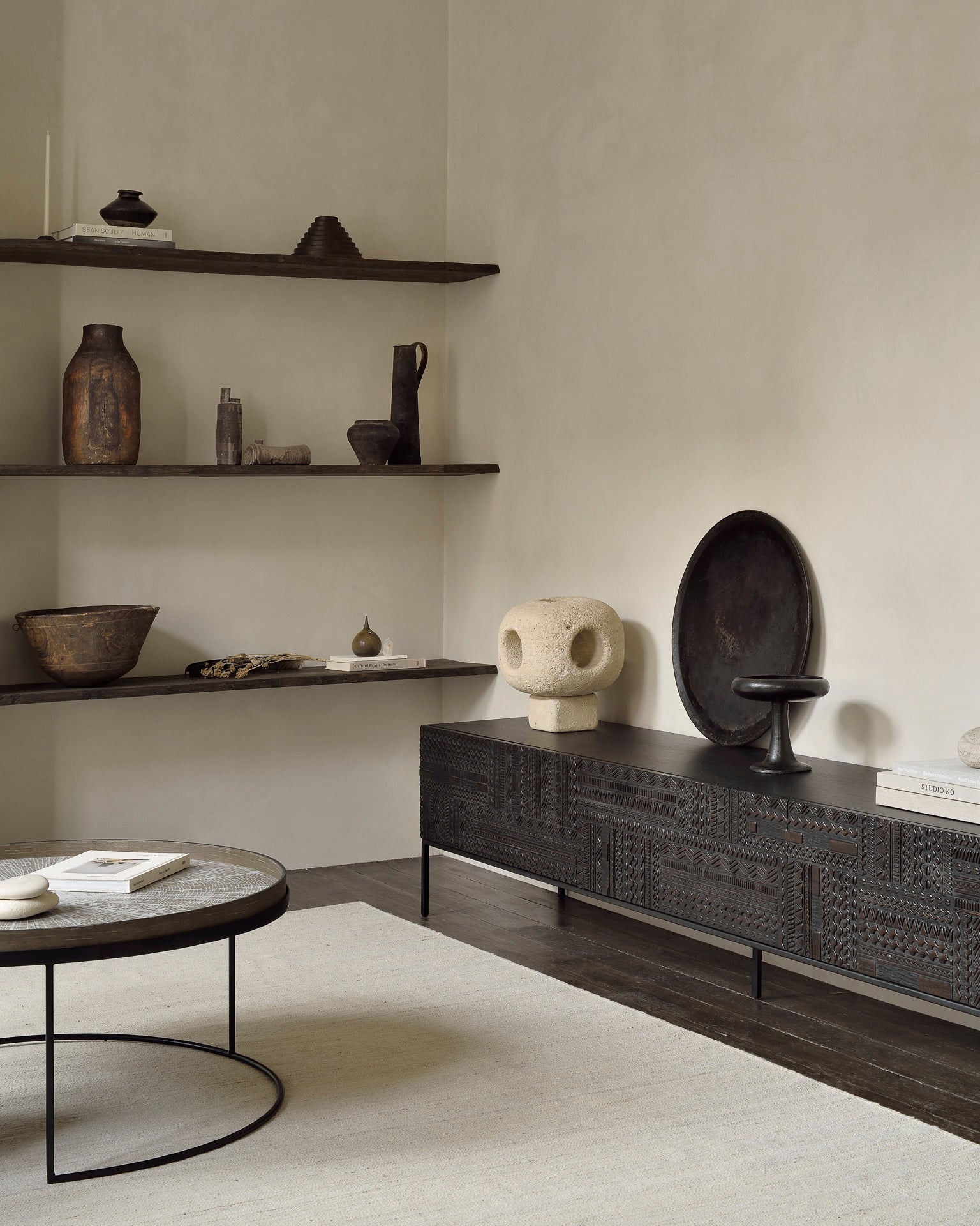 Tabwa Tv Cupboard | Varnished Teak | Off Black | 1 Flip|Down Door | 2 Drawers