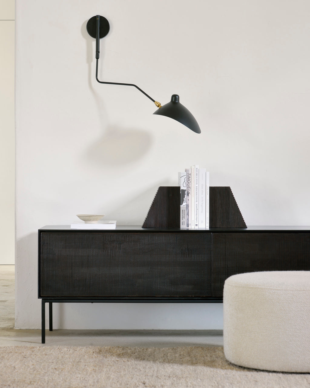 Grooves Tv Cupboard | Varnished Teak | Off Black | 1 Flip|Down Door | 2 Drawers