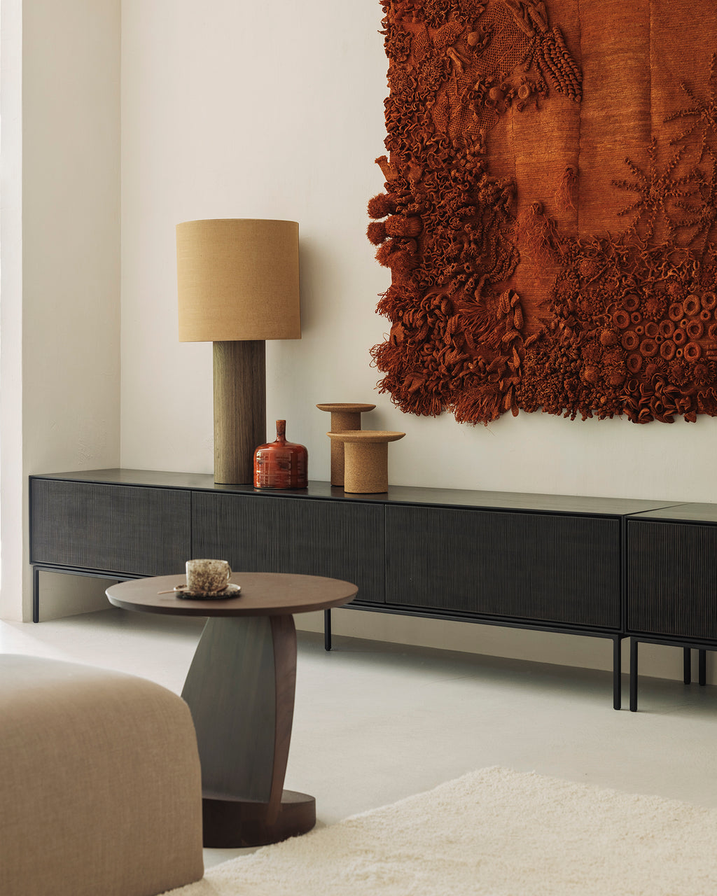 Grooves Tv Cupboard | Varnished Teak | Off Black | 1 Flip|Down Door | 2 Drawers