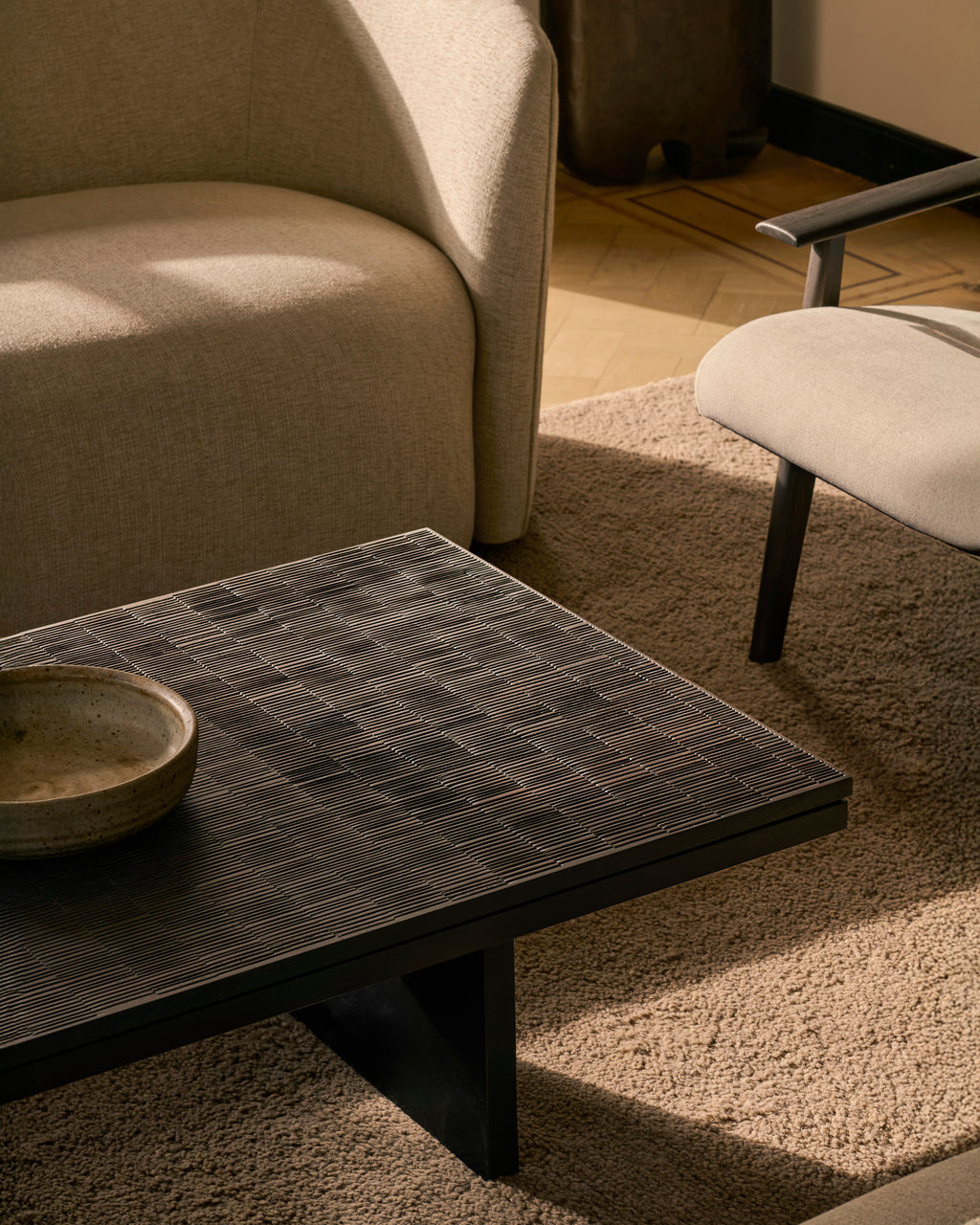 Grooves Coffee Table | Varnished Teak | Off Black | Rectangular | 67" X 47"