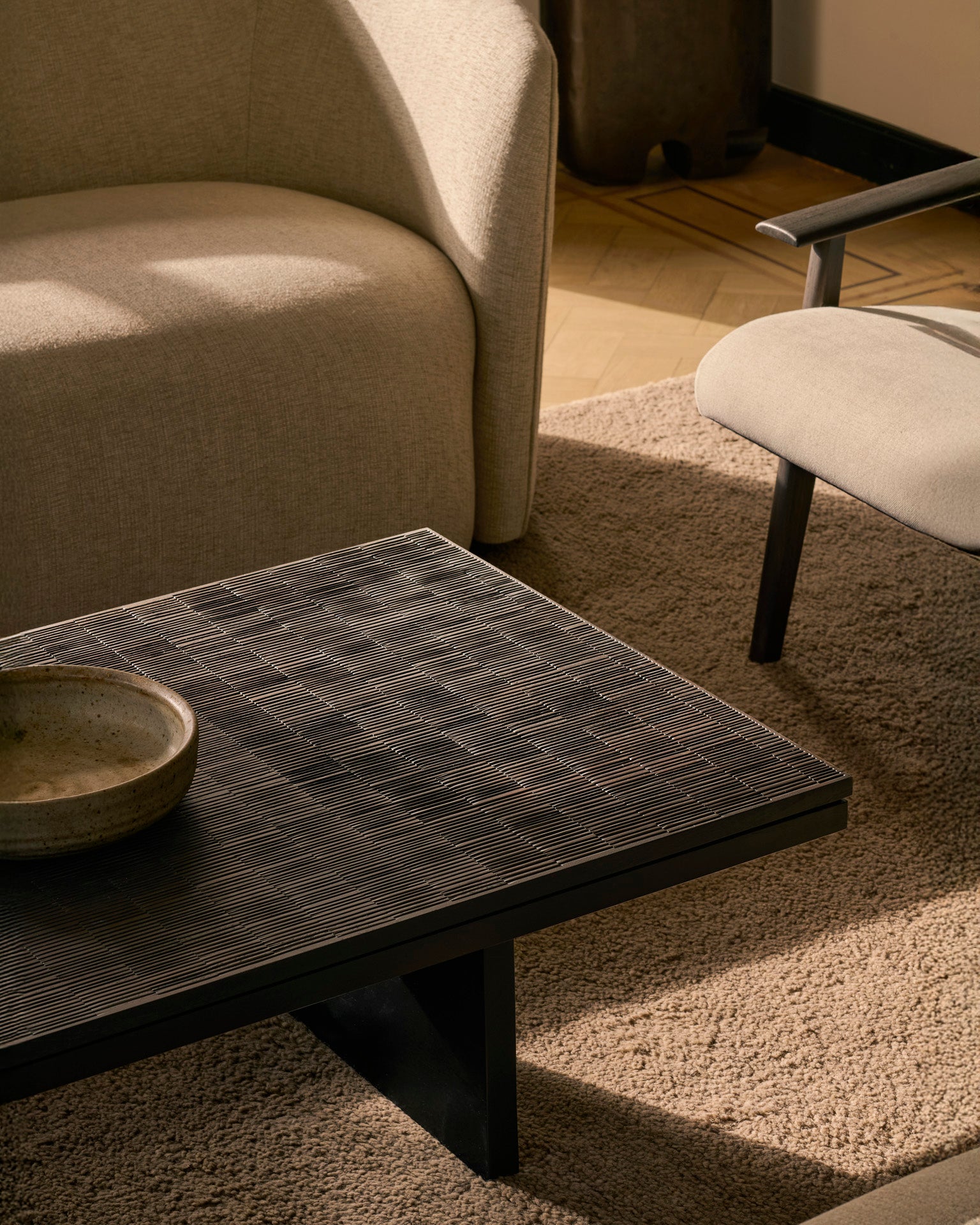 Grooves Coffee Table | Varnished Teak | Off Black | Rectangular | 67" X 47"