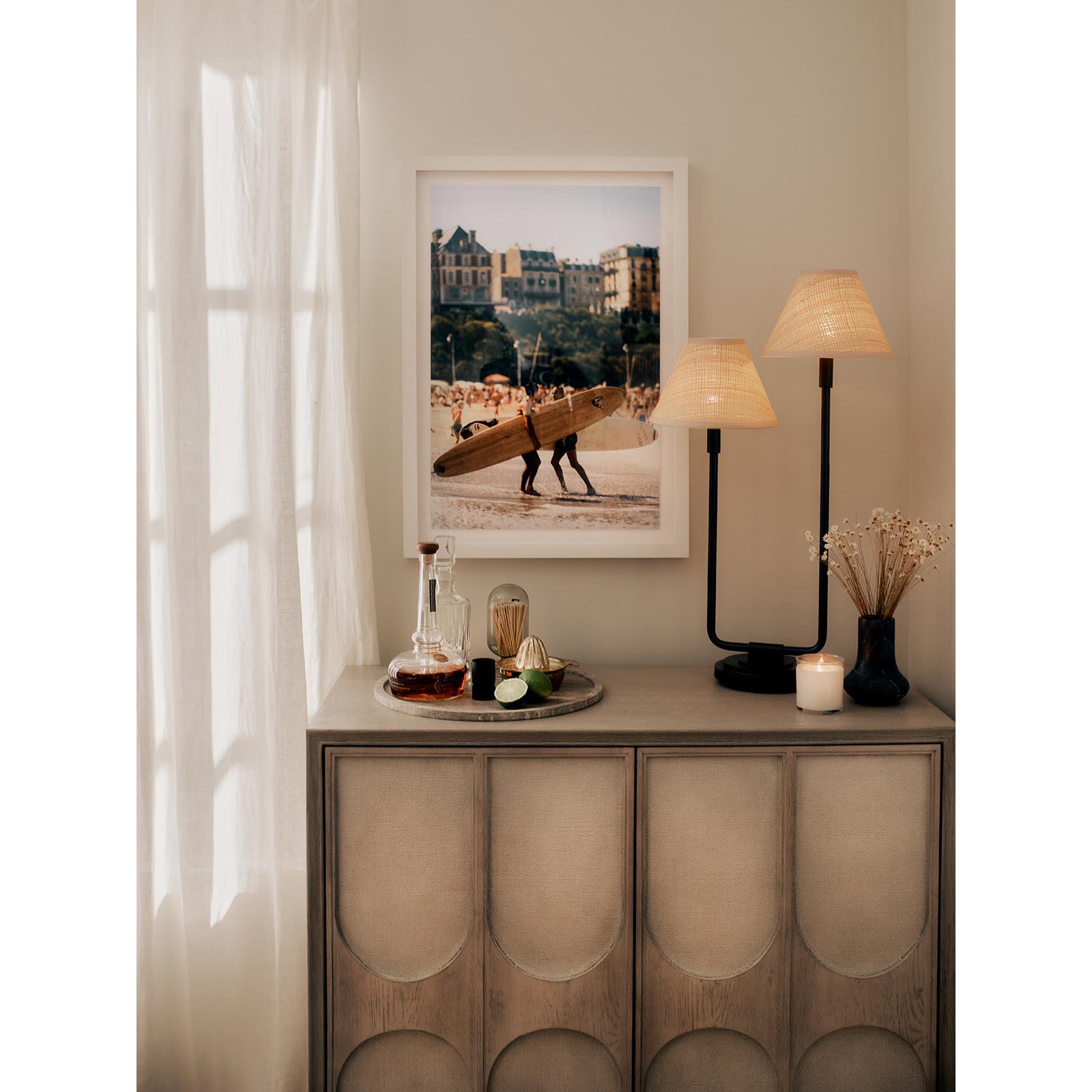 Polly Double Arm Table Lamp | Blackened Brass | Rattan Shade