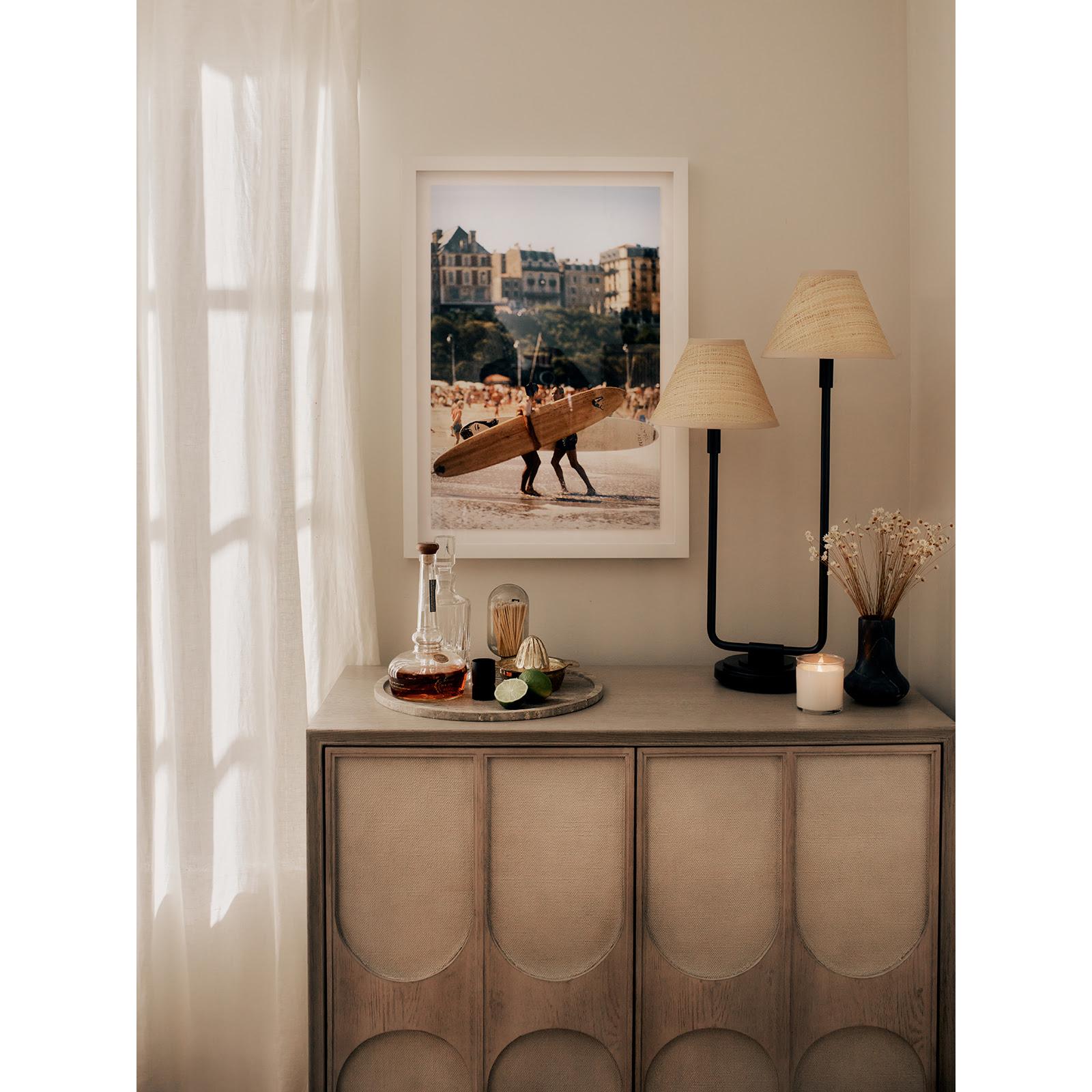 Polly Double Arm Table Lamp | Blackened Brass | Rattan Shade