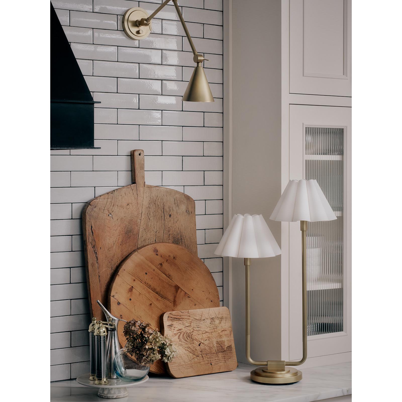 Polly Double Arm Table Lamp | Natural Brass | Linen Scalloped Shade