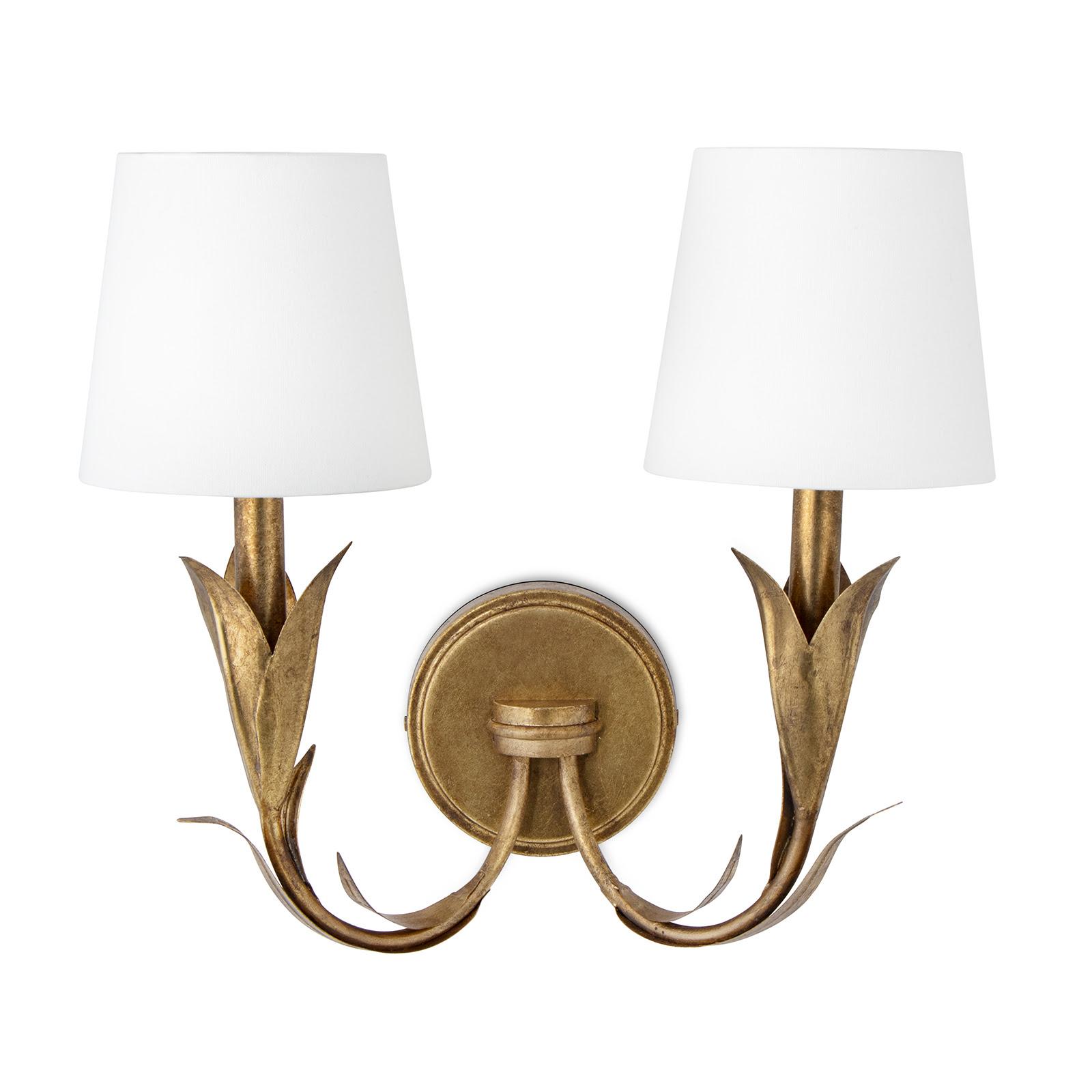 River Reed Sconce Double | Antique Gold Leaf | Natural Linen Shade