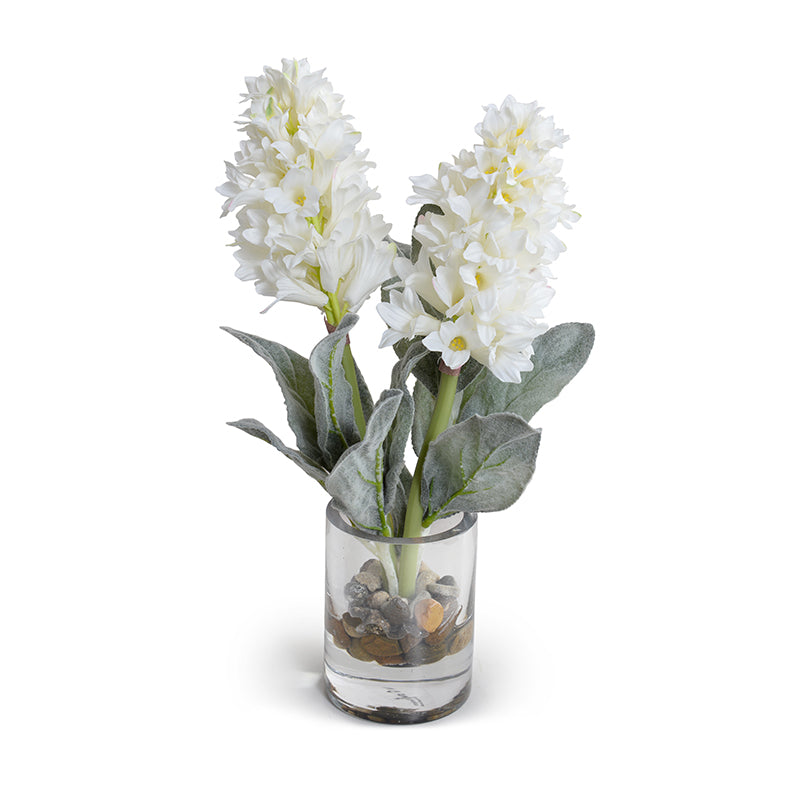 Hyacinth & Lamb's Ear Arrangement in Glass 14"H White