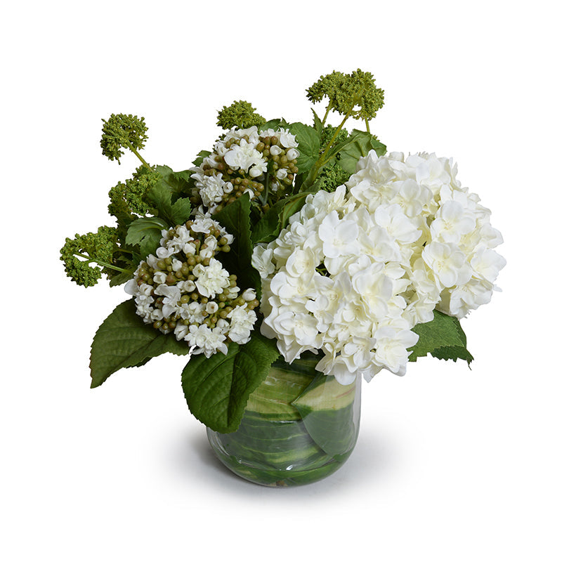 Hydrangea & Viburnum Arrangement in Leaf Lined Glass 14"H