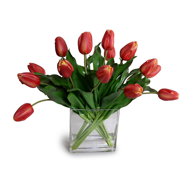 Tulip Arrangement in Glass 17"H Orange Red
