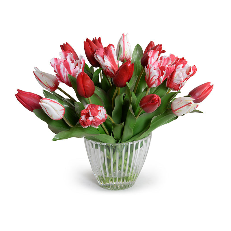 Tulip Arrangement in Crystal Vase 16"H Red-white