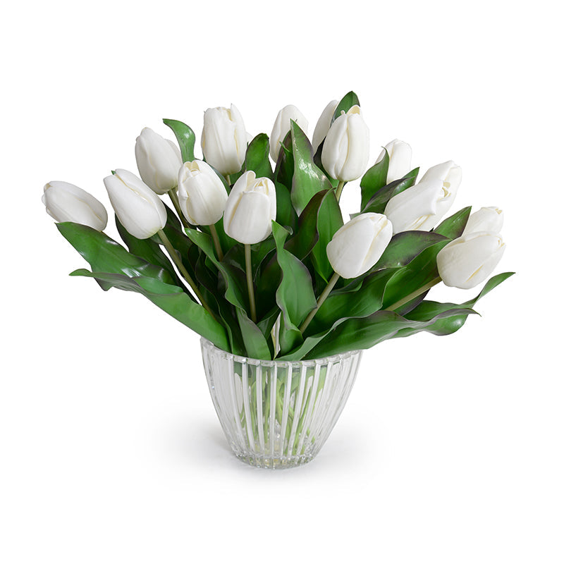 Tulip Arrangement in Crystal Vase 16"H White