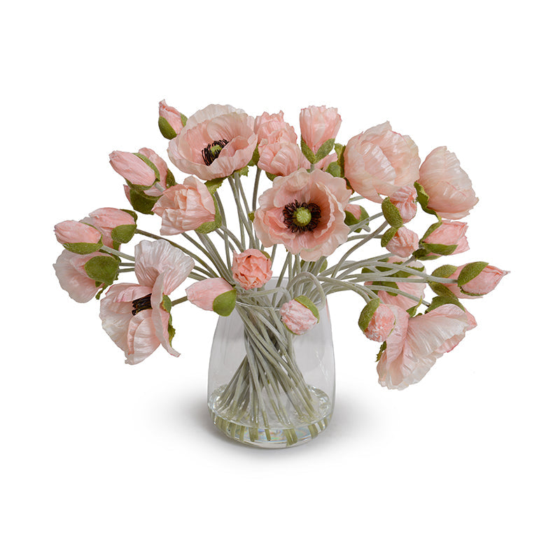 Poppy Bouquet in Glass Vase 15"H Pink