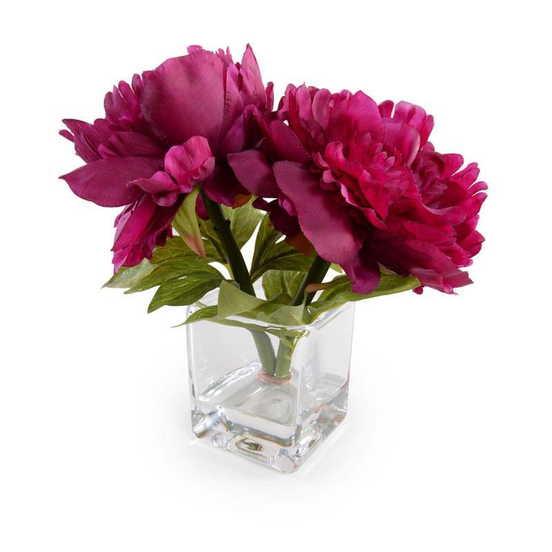 Peony Cutting in Glass 9"H Dark Fuchsia