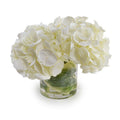 Hydrangea Arrangement in Leaf Lined Glass 11"H Cream