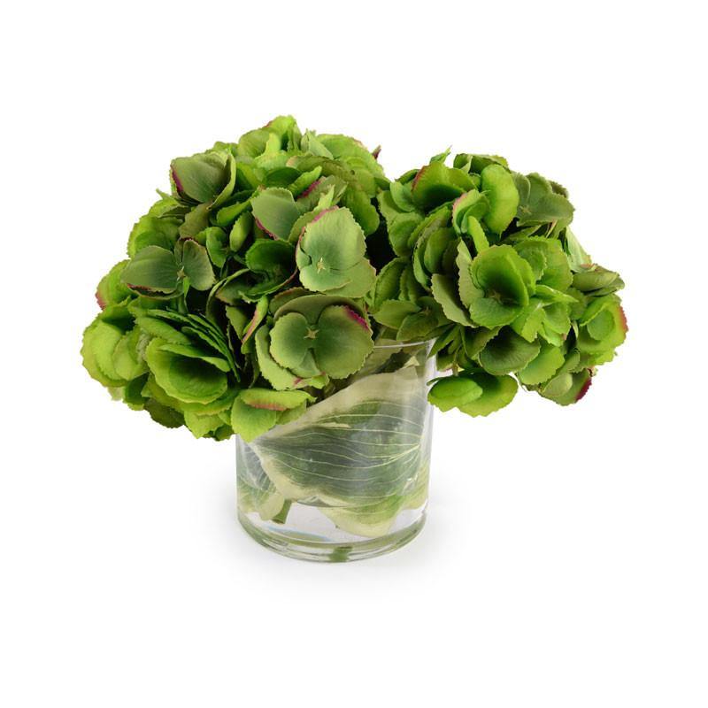 Hydrangea Arrangement in Leaf Lined Glass 11"H Green