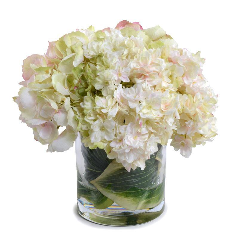 Hydrangea Arrangement in Leaf Lined Glass 11"H Cream Green